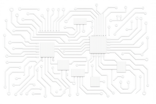 Intricate white circuit board pattern spreading across a transparent background, ideal for technology or electronics-themed projects - Powered by Adobe