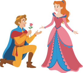 Cartoon prince proposing to princess with rose, romantic fairy tale couple, fantasy scene, love story moment, classic animated illustration