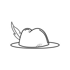 Feathered Bavarian hat, simple graphic outline. Traditional German folklore costume, element for fest or historical theme.