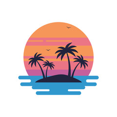 A serene tropical island scene at sunset with palm trees and ocean
