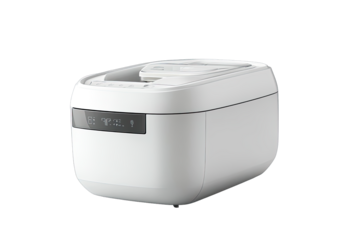 White multi-functional kitchen appliance, possibly a rice cooker or steamer.  Compact design, digital display