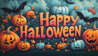 Spooky happy halloween with pumpkins and bats for a festive celebration