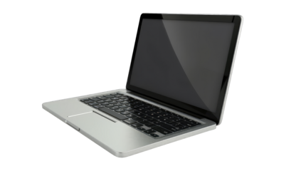 Gray laptop angled slightly, black screen