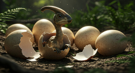 Fototapeta premium A tiny baby Parasaurolophus dinosaur hatches from its egg, marking a new beginning in a prehistoric jungle