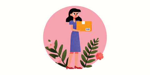 Obraz premium A determined female figure holds a package, surrounded by stylized floral and leaf elements, embodying delivery service and customer experience.