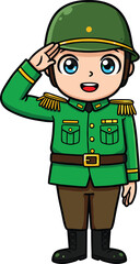 Cartoon boy soldier saluting in green army uniform, military costume character, patriotic kid, cute armed forces illustration, children’s hero concept