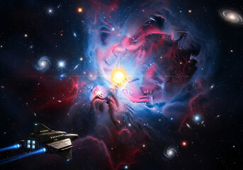 Obraz premium Astronaut gazes in awe at a vibrant cosmic nebula filled with stars and glowing gas clouds in deep space