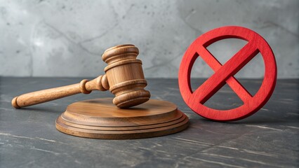 Judge’s Gavel Beside Red Prohibition Symbol on Stone Surface – Legal Ban and Judicial Restriction Symbolism, Law Theme, Abstract Authority and Compliance Concept, enforcement, justice, penalty