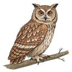 Naklejka premium Wise Owl in Perch: A beautifully illustrated owl, with striking eyes and intricate feather patterns, perched serenely on a branch. Its captivating gaze invites contemplation of its wisdom.