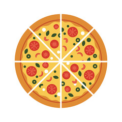 A delicious pepperoni pizza cut into slices with various toppings