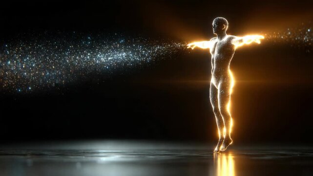 Digital Human Body Emerging from Glowing Golden and Blue Particles in Futuristic Tech Metamorphosis