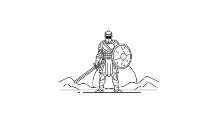 brave knight, sword, shield, line art, medieval warrior, epic battle, fantasy illustration, game asset, hero, defender