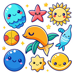 Cute kawaii sea animals cartoon characters illustration set for kids, children, baby, fun, party, birthday, holiday, summer design