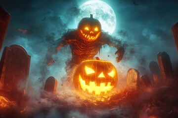 Spooky halloween night with glowing pumpkins and graveyard scene