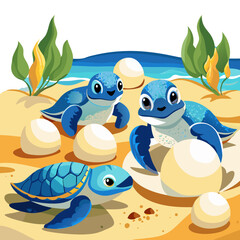 Obraz premium Three cute baby sea turtles are hatching from their eggs on the beach, with the ocean in the background, a colorful and playful illustration