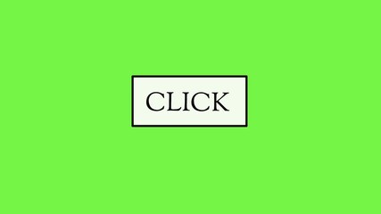 3D blinking "Click Here" button animation on a green screen background, ideal for call-to-action overlays, interactive prompts, or video content needing viewer engagement cues