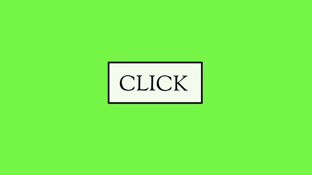 3D blinking "Click Here" button animation on a green screen background, ideal for call-to-action overlays, interactive prompts, or video content needing viewer engagement cues