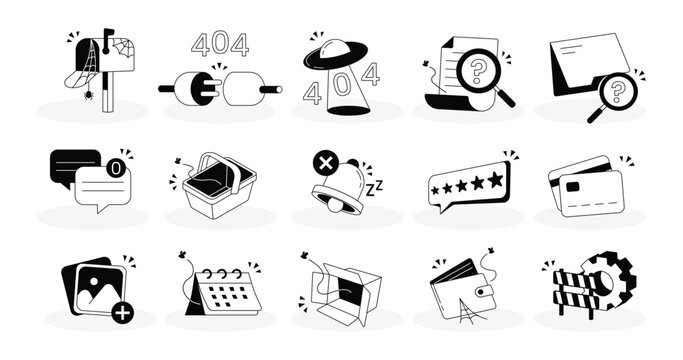 Empty state illustrations, error 404, empty inbox, no result, nothing found, no message, no connection, empty cart, no notification, empty wallet. 