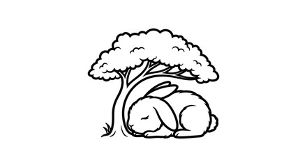 cute bunny rabbit sleeping under a tree, adorable cartoon animal illustration, peaceful nature scene
