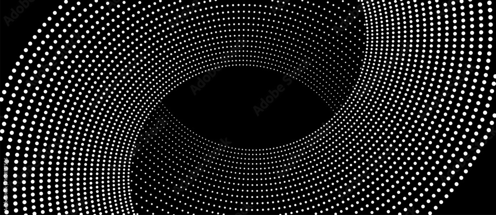 Sticker two parts of circles as halftone dotted abstract background. white dots on black background.