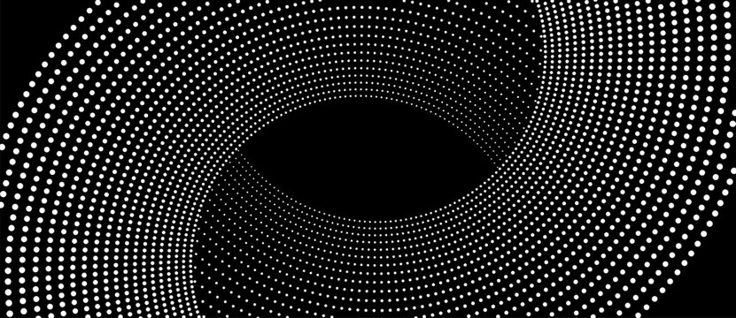 Two parts of circles as halftone dotted abstract background. White dots on black background.