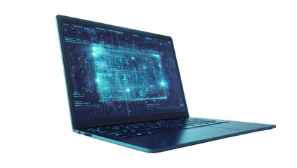 Laptop with a glowing screen displaying complex data