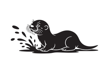 Playful otter splashing water in a black and white illustration