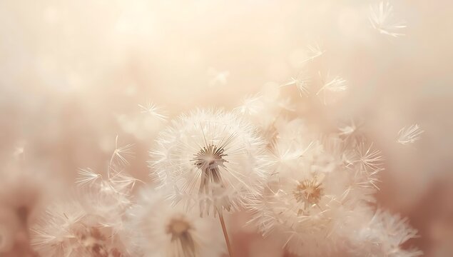 A closeup of a dandelion with seeds blowing in the wind, creating a soft and dreamy atmosphere, evoking feelings of hope, peace, and serenity in a pastel color palette