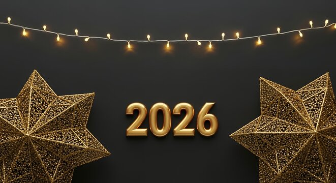 Golden illuminated stars and the year 2026 displayed against a dark background with festive string lights New Year celebration holiday decorative upcoming