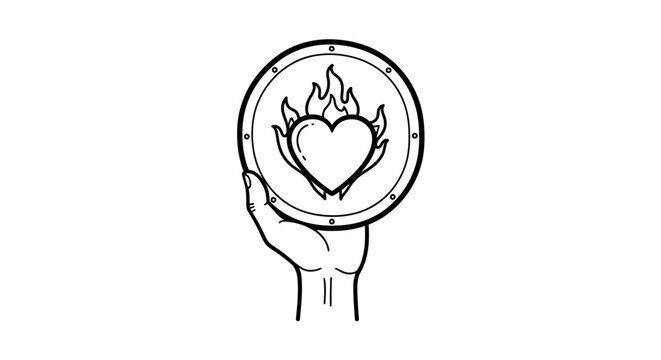 fiery heart in hand passionate love, burning desire, emblem, badge, icon