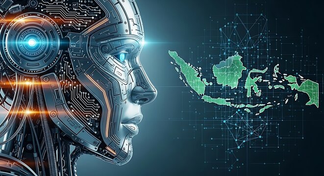 A robotic humanoid head with glowing eyes facing a digital representation of Indonesia connected by a network.