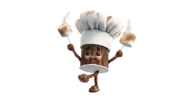 Chef Marshmallow Character with Toasted Friends A 3D Render on Transparent Background for Culinary Themed Designs