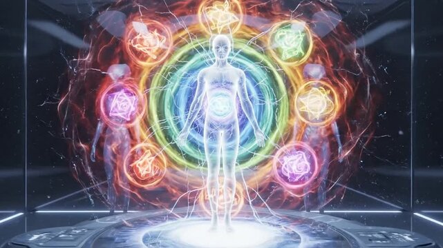Exploring the energetic concept of human anatomy, depicting a radiant figure surrounded by seven pulsating energy centers, symbolizing holistic balance and spiritual enlightenment