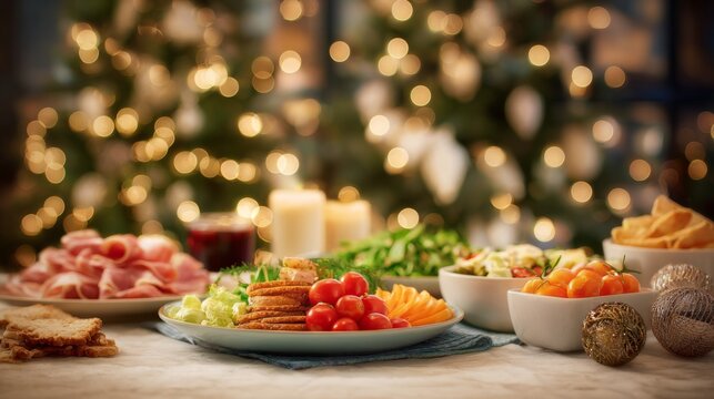 Christmas appetizers ham crackers cherry tomatoes and salad Festive lights background