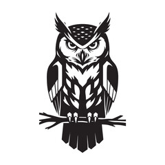 Majestic Great Horned Owl Perched on Branch - Vector Illustration