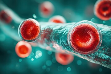 Microscopic View of Human Blood Cells Flowing Through Vessels in Vivid Detail Highlighting Red Cells in a Turquoise Plasma Background