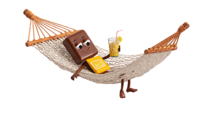 Chocolate Bar Character in Hammock with Drink and Book on Transparent Background for Relaxation 101 Characters