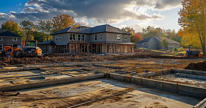 Housing construction site with foundation and excavator