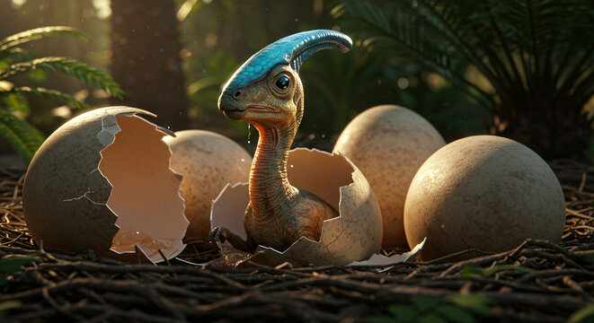 Newly Hatched Parasaurolophus Dinosaurling Emerges from its Eggshell in a Lush Prehistoric Jungle Setting