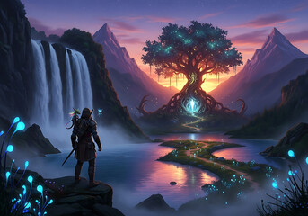 Mystical fantasy landscape with a lone adventurer gazing at a glowing ancient tree and cascading waterfall at sunset