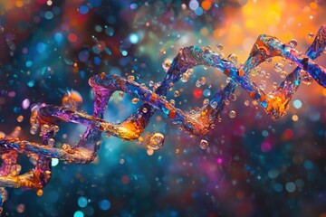 Artistic rendering of DNA double helix, vibrant colors and bokeh background, representing genetic code.