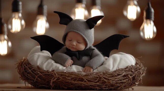 Baby in a bat costume sitting in a nest with glowing lights in a cozy autumn setting