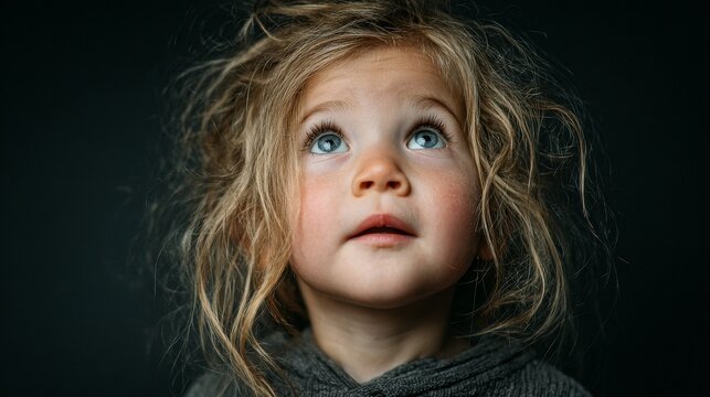 Close-up of a child looking upward in pure amazement with wide eyes and slightly open mouth, natural skin textures and subtle light reflections, cinematic soft key lighting on deep black background
