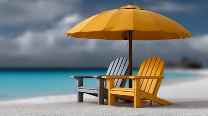 Beach Bliss: Two colorful Adirondack chairs sit under a sunny yellow umbrella on a sandy beach, offering a serene escape. This image invites you to dream of relaxation, warm weather.