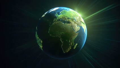 Fototapeta premium Earth globe, vibrant green continents, radiant sunburst