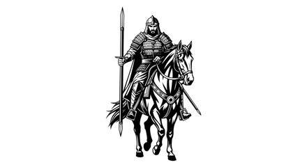 medieval warrior on horseback, armed with spear, black and white illustration