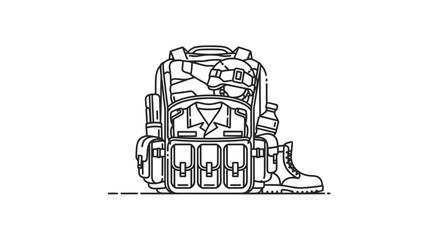 Naklejka premium military backpack, combat gear, army equipment, tactical supplies, soldiers kit, line art, uniform, helmet, boots