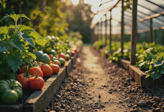 Allotment garden scene featuring a greenhouse frame, vegetable beds, and a garden path - Powered by Adobe
