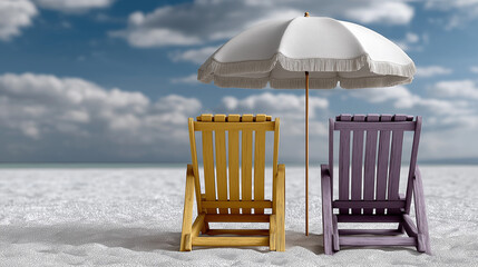 Relaxing beach scene: Capture the essence of summer with two beach chairs and a parasol on a sunny beach with a blue sky and fluffy clouds in the background. 