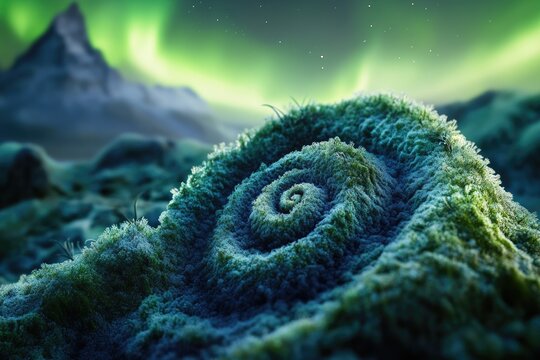 Spiral moss pattern on a frosty hill under a vibrant aurora borealis, mountain backdrop.